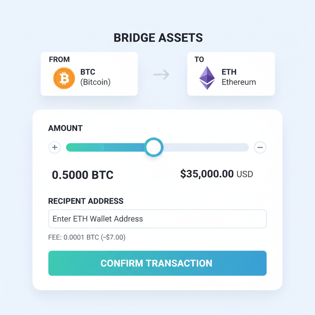 crypto bridge input form, BTC amount slider, precise numbers