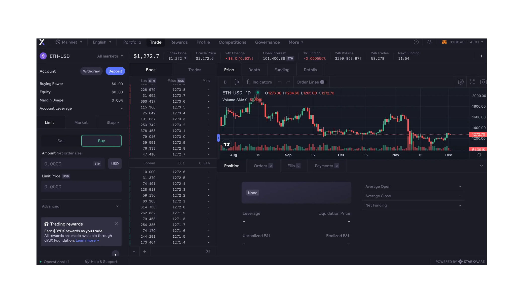 dYdX zk-rollup order book trading platform interface